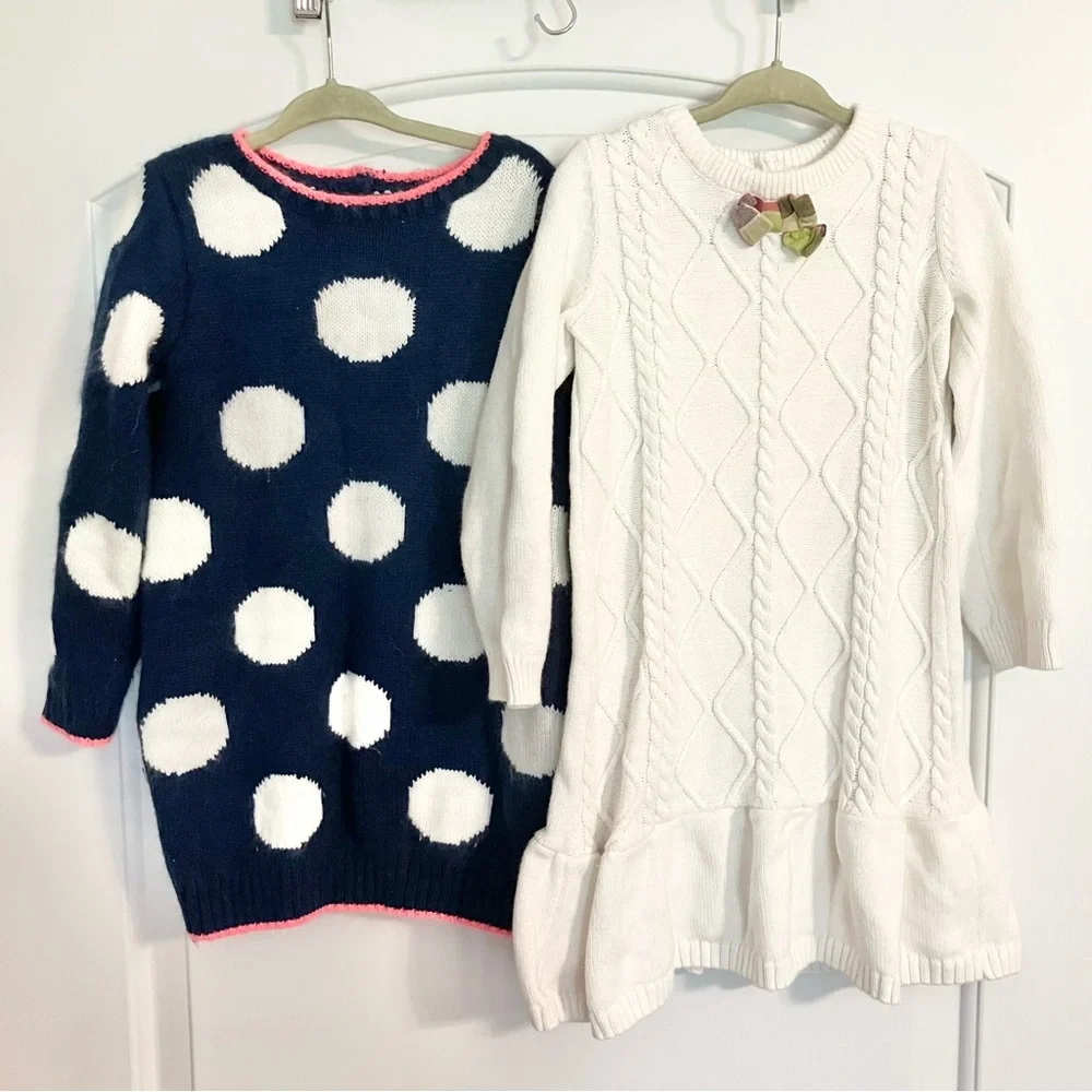 Gymboree Sweater Dress Bundle (2) Blue Polka Dot White Cable-Knit Girl’s Size 4T